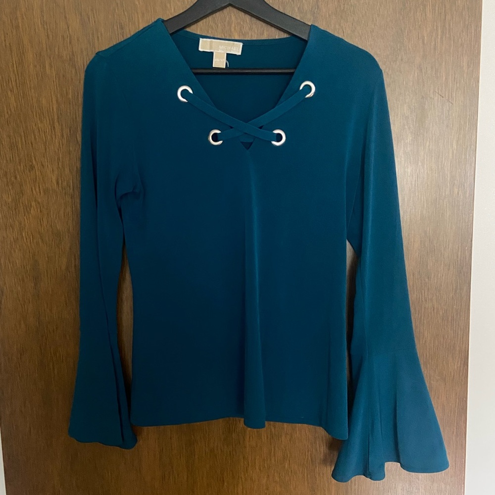 Michael Kors Teal V-Neck Bell Sleeve Top